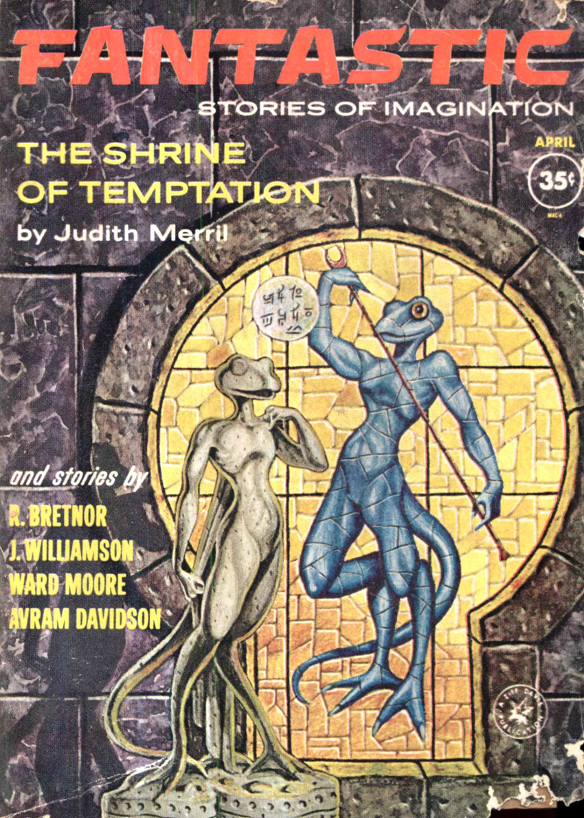 1962 20th_century ambiguous_gender ancient_art anthro blue_body blue_skin cover duo english_text fingers george_barr hi_res holding_object lizard magazine_cover mosaic reptile scalie sculpture solo staff standing statue text