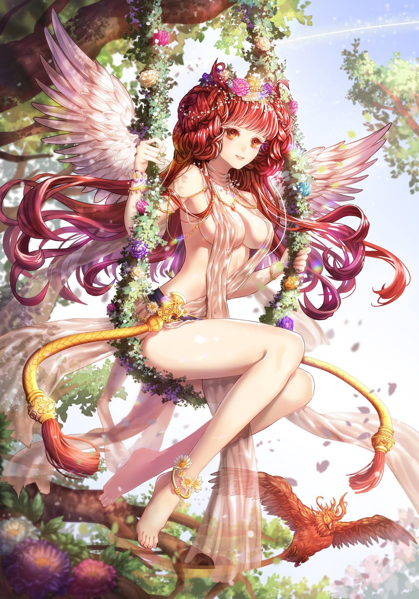 animal anklet bangs bare_shoulders barefoot bird blue_sky blunt_bangs body_jewelry bracelet braid breasts cleavage curly_hair day dress eyelashes feathered_wings feet flower full_body gabiya goddess hair_flower hair_ornament highres j_na jewelry large_breasts legs long_hair monster nature necklace outdoors phoenix plant red_hair revealing_clothes side_bun sideboob sitting sky smile solo spread_wings talons tassel toes tree tree_of_savior very_long_hair white_wings wings