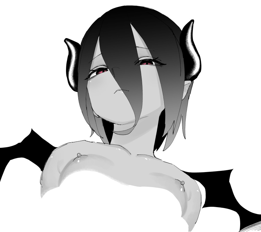 1girl absurdres breasts demon_girl demon_horns demon_wings from_below hair_between_eyes highres horns looking_at_viewer monochrome nipples nude original pink_eyes pointy_ears short_hair sketch small_breasts solo spot_color unthuku wings