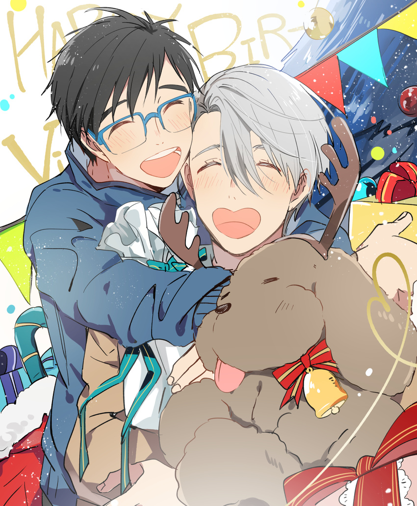 ^_^ animal bell black_hair blue-framed_eyewear christmas closed_eyes dog eunram fake_antlers gift glasses heart heart-shaped_mouth heart_of_string highres hug jacket katsuki_yuuri makkachin male_focus multiple_boys open_mouth silver_hair smile viktor_nikiforov yuri!!!_on_ice