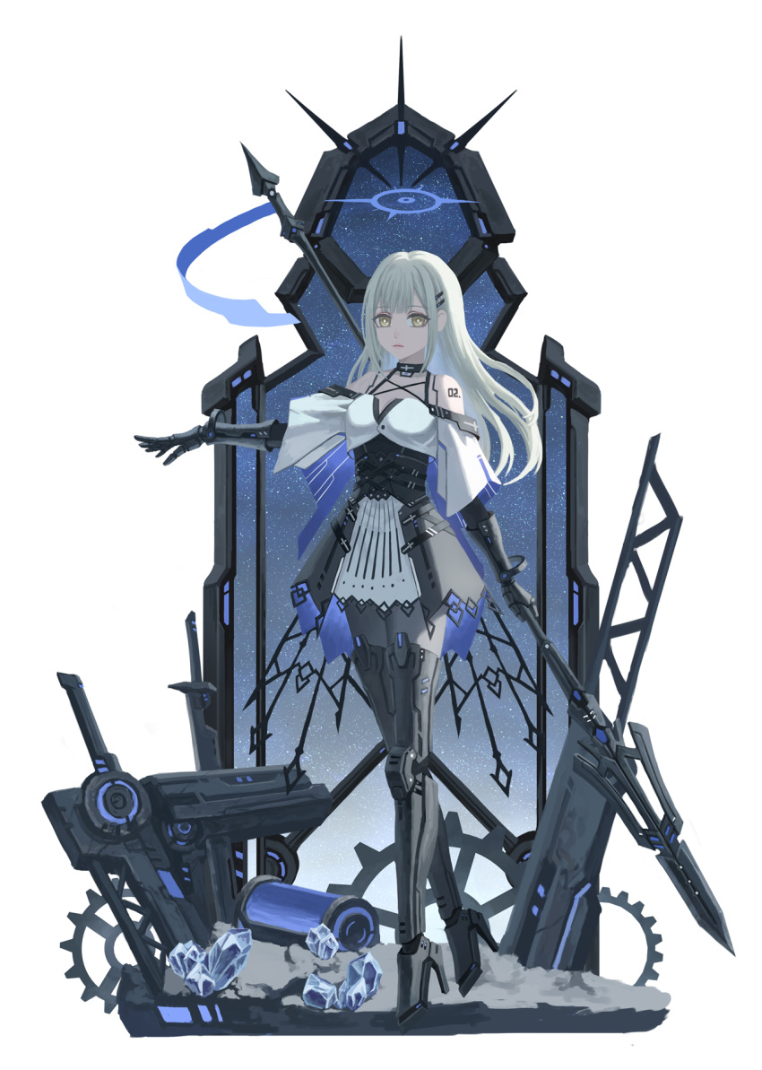 1girl bang_dream! bang_dream!_it's_mygo!!!!! black_skirt character_name chinese_commentary closed_mouth commentary_request crystal expressionless full_body gears green_hair hair_ornament hairclip halo highres holding holding_polearm holding_weapon long_hair looking_at_viewer mechanical_arms mechanical_wings outstretched_arm planted planted_sword polearm shirt short_sleeves simple_background skirt sky solo star_(sky) starry_sky sword wakaba_mutsumi weapon white_background white_shirt wings xukong yellow_eyes