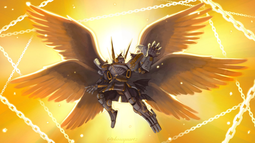 alexander_(final_fantasy) angel chain final_fantasy final_fantasy_xiv flying glowing highres mecha mecha_focus multiple_wings no_humans rhose_quartz robot seraph solo spread_wings wings yellow_background