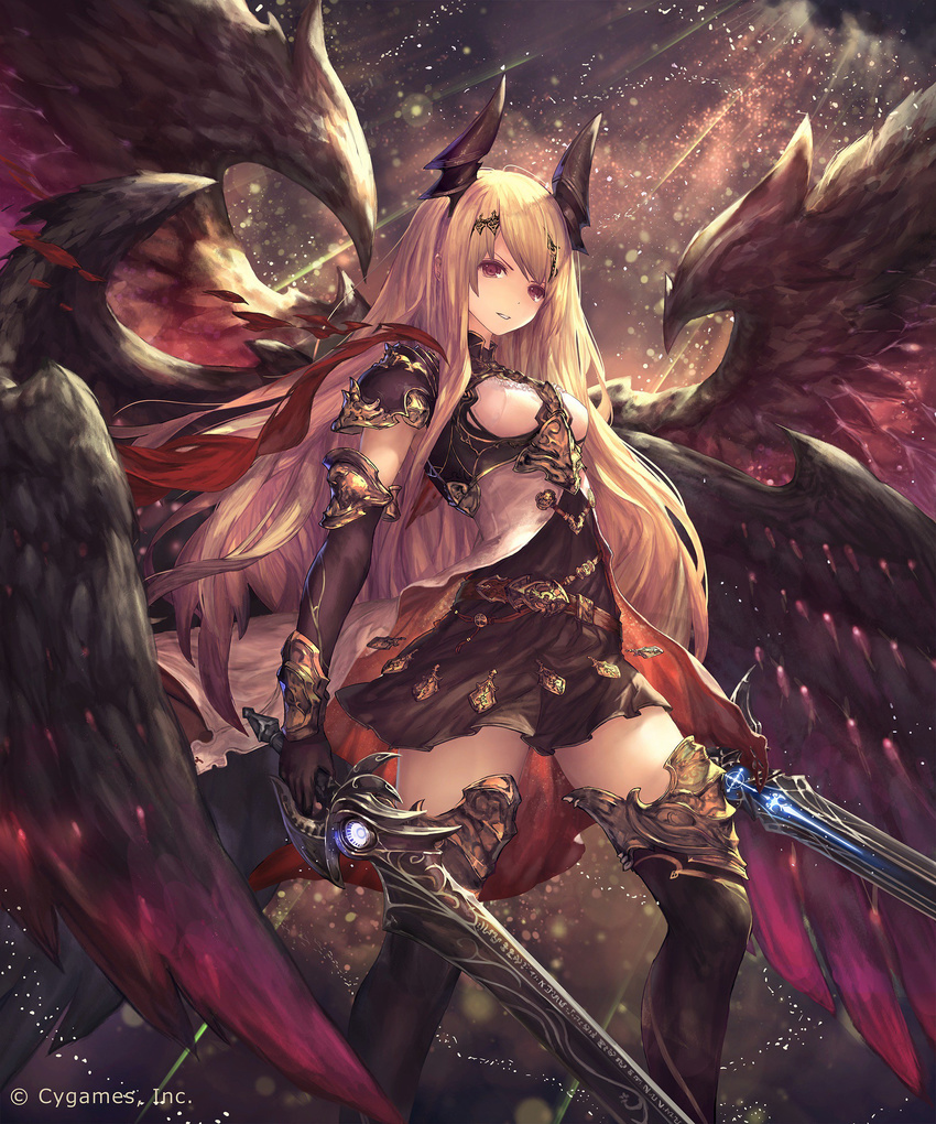 absurdres alternate_costume black_footwear black_gloves black_legwear black_wings blonde_hair boots cygames dark_angel_olivia dual_wielding gloves glowing glowing_sword glowing_weapon hair_ornament highres holding horns long_hair pleated_skirt red_eyes shadowverse shingeki_no_bahamut skirt solo sword tachikawa_mushimaro thigh_boots thighhighs watermark weapon wings zettai_ryouiki