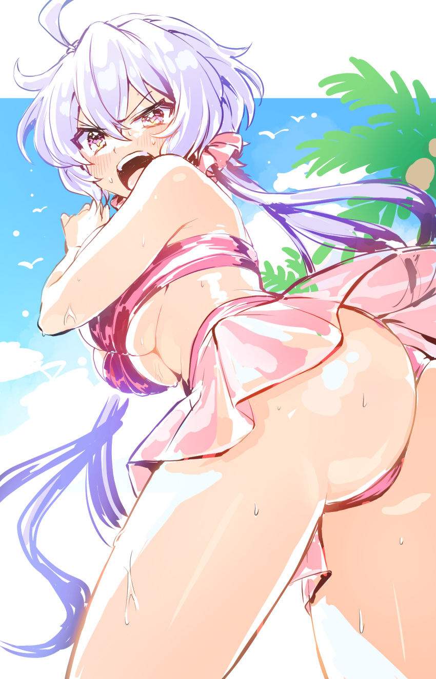 1girl ahoge angry ass bikini bikini_skirt breasts from_below hair_between_eyes hair_ornament hair_scrunchie highres large_breasts long_hair looking_at_viewer low_twintails open_mouth purple_eyes purple_hair red_bikini scrunchie senki_zesshou_symphogear solo strapless strapless_bikini swimsuit twintails underboob v-shaped_eyebrows wada_chiyon wet yukine_chris