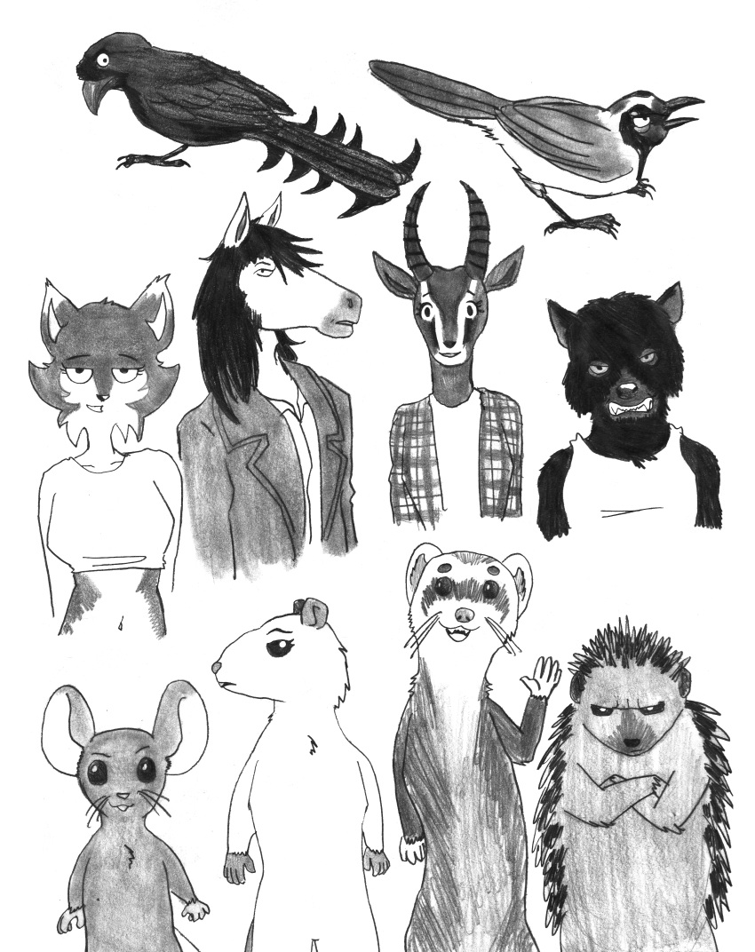 absurd_res antelope anthro avian bird bovid canid canine canis clothed clothing corvid cyanocorax dasyurid dasyuromorph domestic_ferret efradraws equid equine eulipotyphlan female gazelle graphite_(artwork) green_jay group hedgehog hi_res horse jay_(bird) male mammal marsupial mouse murid murine mustelid musteline navel new_world_jay nude oscine passerine rat rodent shirt sketch tank_top tasmanian_devil topwear traditional_media_(artwork) true_musteline weasel wolf