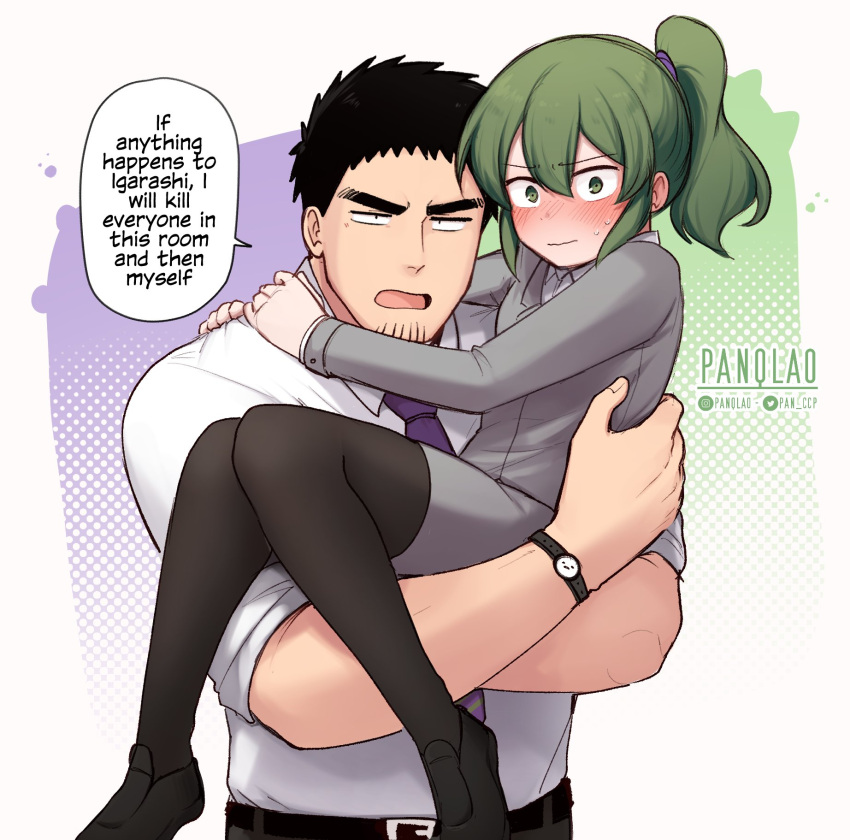 1boy 1girl black_eyes black_hair blush brooklyn_nine-nine business_suit carrying child_carry closed_mouth coat english_text facial_hair goatee green_eyes green_hair hetero highres holding i've_only_had_arlo_for_a_day_and_a_half_(meme) igarashi_futaba_(shiromanta) looking_at_viewer medium_hair meme necktie office_lady open_mouth overcoat panqlao ponytail salaryman senpai_ga_uzai_kouhai_no_hanashi shirt short_hair simple_background stubble suit takeda_harumi_(shiromanta) thick_eyebrows upper_body