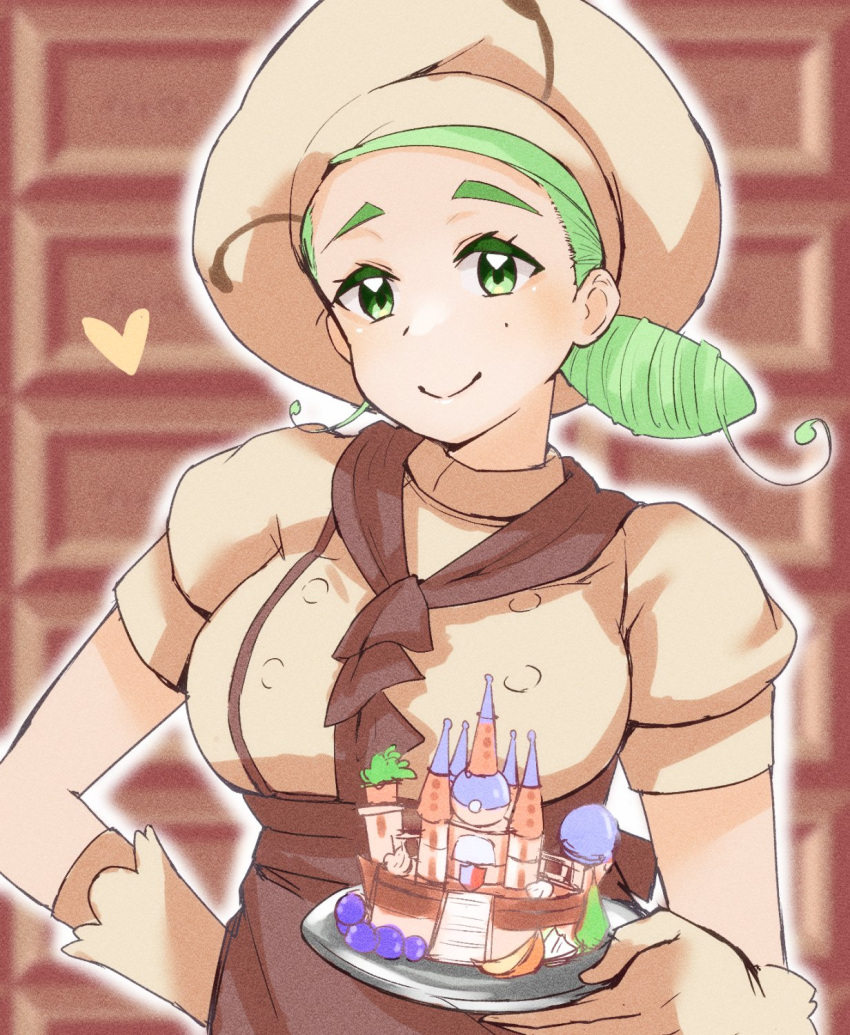 1girl apron ascot breasts brown_apron brown_ascot brown_skirt buttons cake chef_hat food gloves green_eyes green_hair hand_on_own_hip hang_peng_kong hat highres holding holding_cake holding_food holding_plate katy_(pokemon) large_breasts low_side_ponytail mole mole_on_cheek plate pokemon pokemon_sv puffy_short_sleeves puffy_sleeves short_sleeves skirt spider_web_print underbust waist_apron