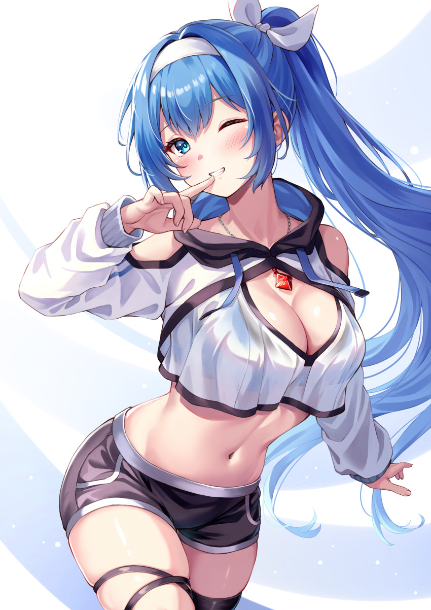 1girl absurdres alyssa_(specktech) black_shorts black_thighhighs blue_eyes blue_hair blush bow breasts cleavage cleavage_cutout clothing_cutout commission cropped_hoodie grin hair_between_eyes hairband highres hood hoodie large_breasts long_hair looking_at_viewer navel one_eye_closed original sebu_illust second-party_source shorts shoulder_cutout skeb_commission smile solo teeth thighhighs white_bow white_hairband white_hoodie