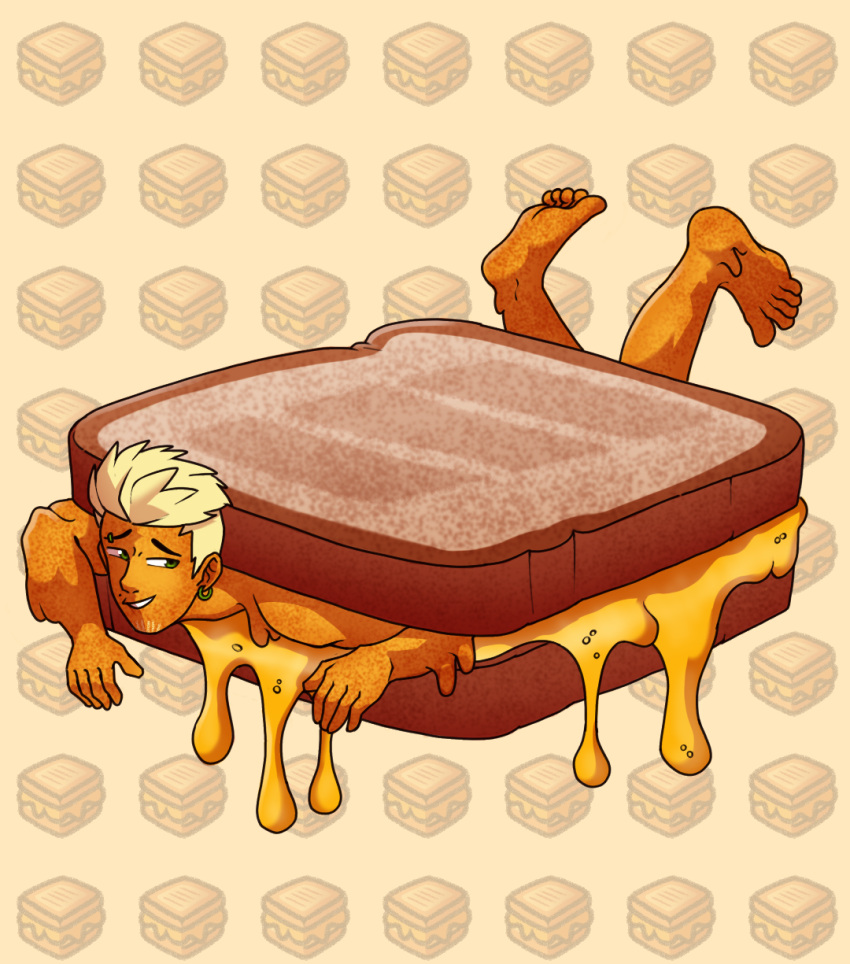 2024 bodily_fluids bread cheese dairy_products digital_media_(artwork) ear_piercing ear_ring feet flattened food food_creature food_humanoid grilled_cheese grilled_cheese_sandwich hair hi_res humanoid liquid_cheese male melting nude pattern_background piercing queso_(theslimeguy) ring_piercing sandwich_(food) short_hair simple_background smile solo stubble th3g0dkill3r toast