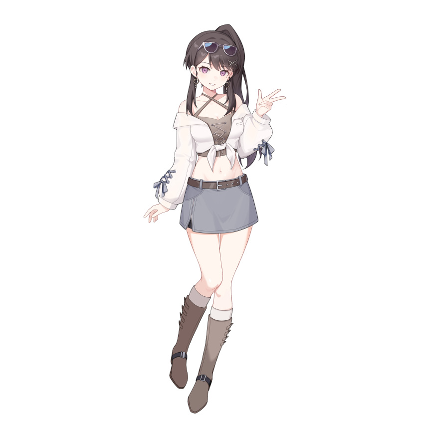 1girl absurdres bang_dream! bang_dream!_it's_mygo!!!!! bianxieshi_aji_ng boots brown_footwear brown_hair chinese_commentary commentary_request commission crop_top earrings eyewear_on_head full_body grey_skirt hair_ornament hairclip highres jewelry knee_boots long_hair long_sleeves looking_at_viewer navel off-shoulder_shirt off_shoulder parted_lips ponytail purple_eyes second-party_source shiina_taki shirt simple_background skirt smile solo sunglasses w white_background white_shirt