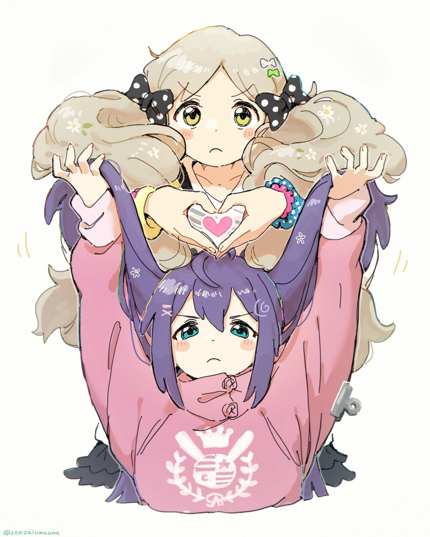 2girls black_bow blue_eyes blush blush_stickers bow collarbone cowlick cropped_torso dot_nose forehead frown grey_hair hair_between_eyes hair_bow handa_roco heart heart_hands heart_in_heart_hands highres holding_own_hair idolmaster idolmaster_million_live! jacket long_hair looking_at_viewer mochizuki_anna multiple_girls nendo23 parted_bangs pink_jacket polka_dot polka_dot_bow print_jacket purple_hair simple_background straight-on straight_hair twintails v-shaped_eyebrows very_long_hair white_background yellow_eyes