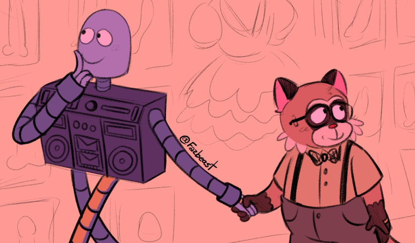 2024 anthro bodily_fluids bottomwear bow_tie clothing duo eyewear fazbeast glasses hand_holding machine male mammal pants procyonid raccoon rascal_(robot_dreams) robot robot_(robot_dreams) robot_dreams shirt slightly_chubby smile suspenders sweat topwear