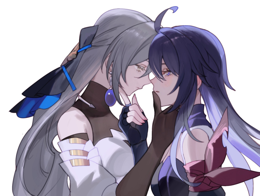 2girls black_gloves blue_background bronya_rand closed_mouth commentary_request detached_sleeves dress earrings elbow_gloves eye_contact finger_to_another's_mouth fingerless_gloves from_side gloves grey_eyes grey_hair hand_on_another's_chin highres honkai:_star_rail honkai_(series) jewelry long_hair looking_at_another mie_xing multiple_girls parted_lips profile purple_eyes purple_hair purple_scarf scarf seele_(honkai:_star_rail) simple_background upper_body white_dress yuri