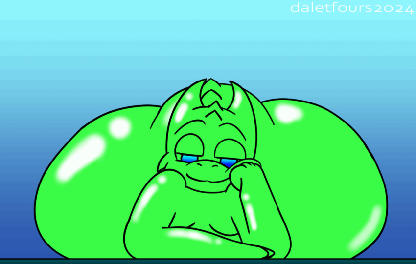 animated anthro bedroom_eyes big_butt blue_eyes butt daletfours front_view goo_creature goo_dragon green_body head_on_hand honeydew_(daletfours) huge_butt jiggling jiggling_butt looking_at_viewer lying male moobs narrowed_eyes nude on_front overweight overweight_anthro overweight_male seductive simple_background smile smug solo