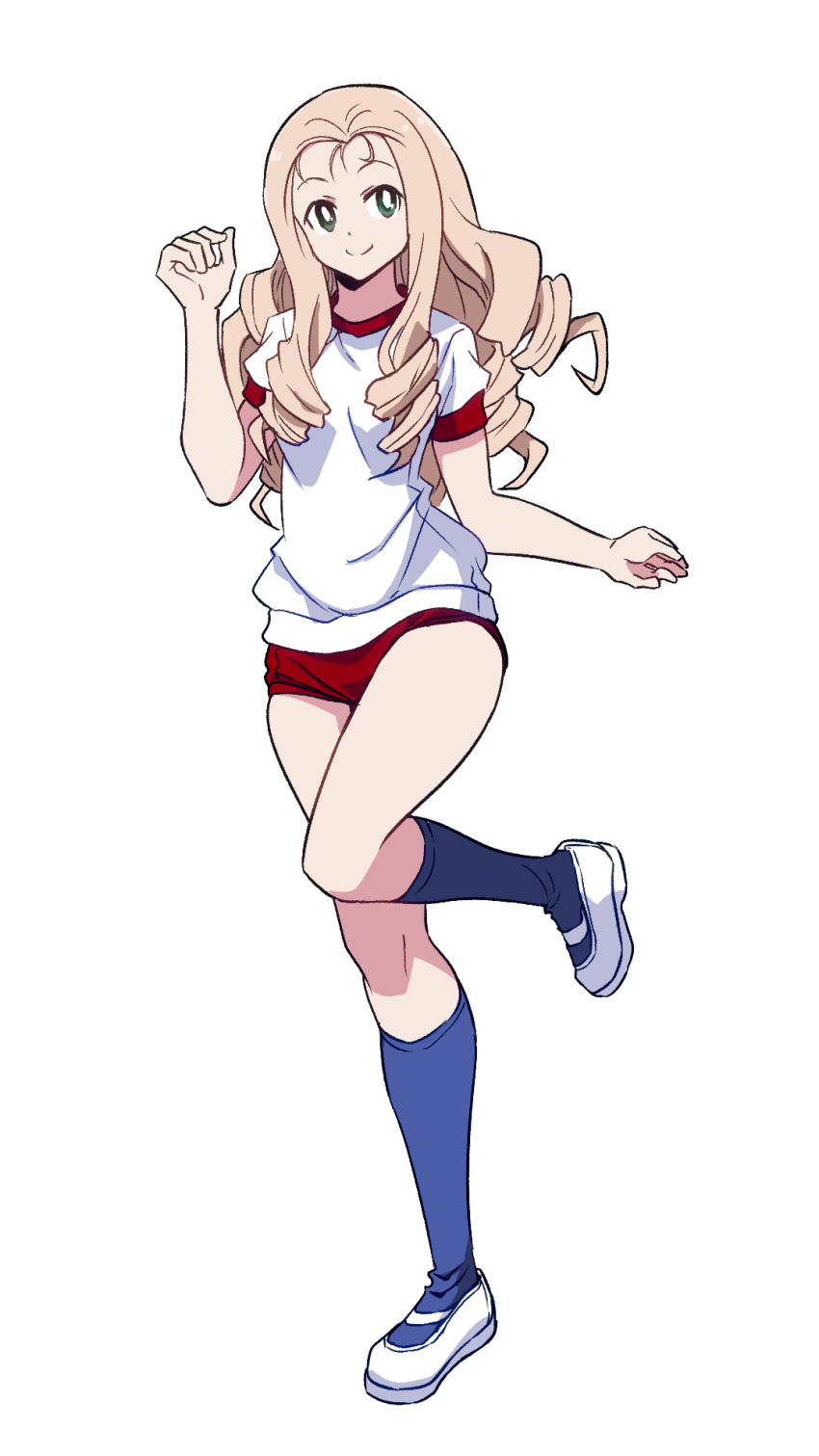 1girl blonde_hair blue_socks bright_pupils buruma closed_mouth commentary drill_hair full_body girls_und_panzer green_eyes gym_shirt gym_uniform highres kneehighs leg_up long_hair looking_at_viewer marie_(girls_und_panzer) ponzu_rui red_buruma shirt shoes short_sleeves simple_background smile socks solo standing standing_on_one_leg t-shirt uwabaki white_background white_footwear white_pupils white_shirt