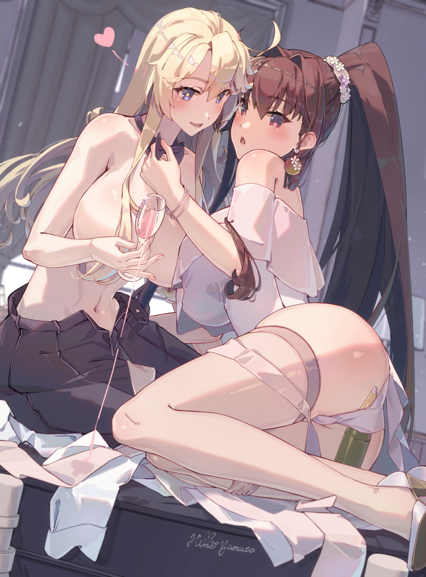 2girls alternate_costume artist_name ass blonde_hair blue_eyes blush breasts brown_hair cleavage commentary_request cup drinking_glass hair_between_eyes hair_ornament highres himeyamato holding holding_cup iowa_(kancolle) kantai_collection large_breasts long_hair multiple_girls ponytail revision smile star-shaped_pupils star_(symbol) symbol-shaped_pupils topless very_long_hair wine_glass yamato_(kancolle) yuri