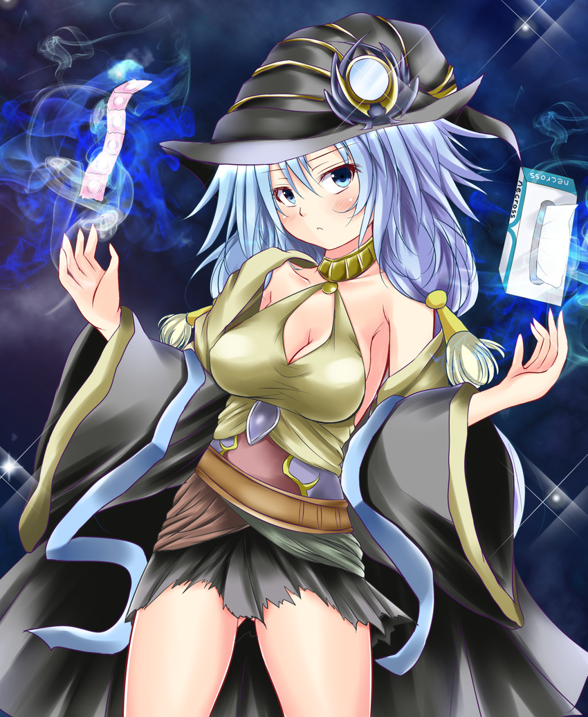 1girl blue_eyes blue_hair blush breasts cleavage condom detached_sleeves duel_angel duel_monster erial_priestess_of_the_nekroz eyebrows eyelashes female hat hat_ornament highres looking_at_viewer mirror solo wizard_hat yu-gi-oh! yuu-gi-ou_duel_monsters