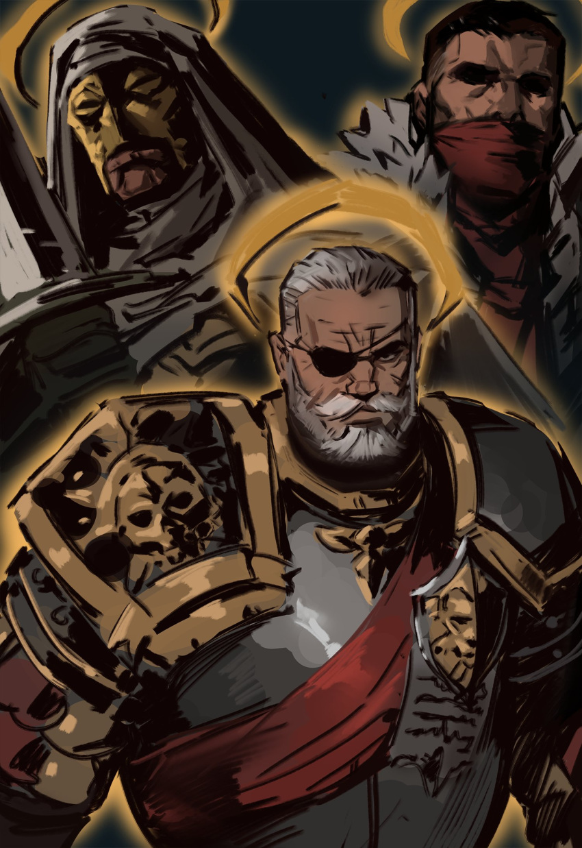 3boys armor beard brown_outline character_request darkest_dungeon dopey_(dopq) eyepatch facial_hair full_beard halo highres highwayman_(darkest_dungeon) knight male_focus mature_male multiple_boys old old_man pauldrons red_sash sash short_hair shoulder_armor shoulder_sash skull_print thick_eyebrows thick_mustache upper_body