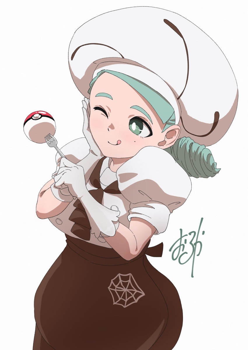 1girl apron ascot breasts brown_apron brown_ascot brown_skirt buttons chef_hat fork gloves green_eyes green_hair hat highres holding holding_fork katy_(pokemon) large_breasts low_side_ponytail mole mole_on_cheek one_eye_closed poke_ball poke_ball_(basic) pokemon pokemon_sv puffy_short_sleeves puffy_sleeves short_sleeves skirt solo spider_web_print tongue tongue_out underbust upper_body waist_apron wolkat