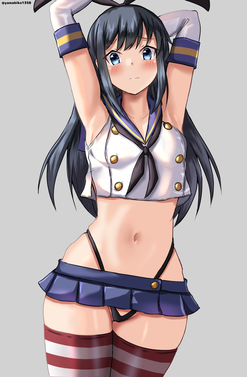 1girl absurdres armpits arms_behind_head arms_up asashio_(kancolle) black_hair black_hairband black_neckerchief black_panties blue_eyes blue_sailor_collar blue_skirt blush breasts commentary_request cosplay crop_top elbow_gloves embarrassed gloves grey_background hairband highleg highleg_panties highres kantai_collection long_hair looking_at_viewer microskirt miniskirt mizuki_(uzuki_no_sato) navel neckerchief one-hour_drawing_challenge panties sailor_collar shimakaze_(kancolle) shimakaze_(kancolle)_(cosplay) simple_background skirt solo striped_clothes striped_thighhighs thighhighs underwear white_gloves
