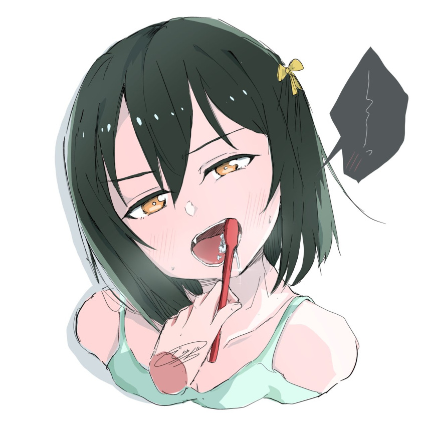 1girl 1other blush brushing_another's_teeth camisole collarbone commentary_request cropped_shoulders dhuno_g disembodied_limb green_camisole green_hair hair_between_eyes hair_ribbon head_tilt highres holding holding_toothbrush looking_at_viewer love_live! love_live!_nijigasaki_high_school_idol_club mifune_shioriko open_mouth ribbon short_hair signature speech_bubble toothbrush upper_body white_background yellow_eyes yellow_ribbon
