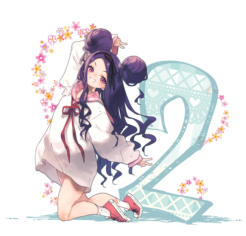 1girl :d anniversary arm_at_side arms_up black_ribbon commentary_request double_bun double_v finger_counting flower_(symbol) full_body grin hair_bun hair_ribbon hamayumiba_sou highres kneeling long_hair looking_at_viewer neck_ribbon ochikobore_fruit_tart oversized_clothes oversized_shirt pink_eyes pink_sailor_collar purple_hair red_footwear red_ribbon ribbon sailor_collar sekino_roko shirt shoes smile sneakers socks solo v white_background white_shirt white_socks