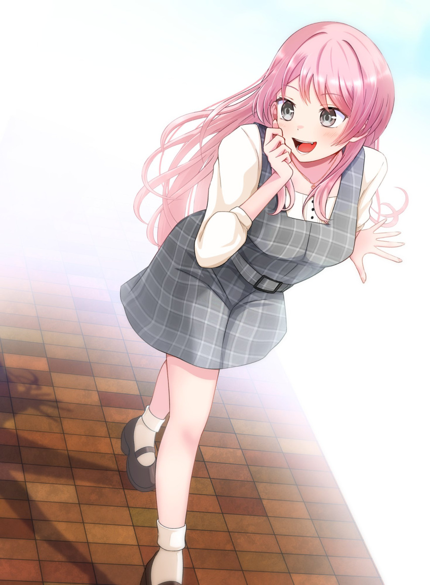 1girl bang_dream! bang_dream!_it's_mygo!!!!! black_footwear blush chihaya_anon commentary_request day dress fang fukumaru1021 grey_dress grey_eyes hand_up highres leaning long_hair long_sleeves mary_janes open_mouth outdoors pinafore_dress pink_hair plaid plaid_dress shirt shoes sleeveless sleeveless_dress smile socks solo walking white_shirt white_socks