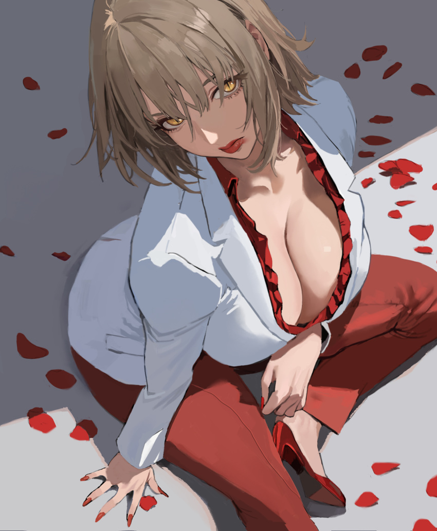 1girl arm_support blonde_hair breasts cleavage collared_shirt dungeon_meshi falin_touden frills from_above high_heels highres hintobento huge_breasts jacket looking_at_viewer medium_hair pants petals red_footwear red_lips red_pants red_shirt shirt sitting solo white_jacket yellow_eyes