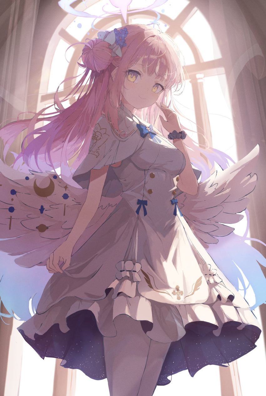 1girl amamiya_akari_(amamiya_1007) angel_wings arm_at_side backlighting black_scrunchie blue_archive blue_bow blue_bowtie blue_flower blunt_bangs blush bow bowtie breasts bright_pupils capelet closed_mouth commentary_request crescent curtains day dress eyelashes feathered_wings feet_out_of_frame floating_hair flower hair_bun hair_flower hair_ornament halo hand_up highres indoors long_dress long_hair looking_at_viewer low_wings medium_breasts mika_(blue_archive) pink_hair pink_halo scrunchie sidelocks single_side_bun skirt_hold smile solo standing sunlight tsurime white_capelet white_dress white_wings window wing_ornament wings wrist_scrunchie yellow_eyes