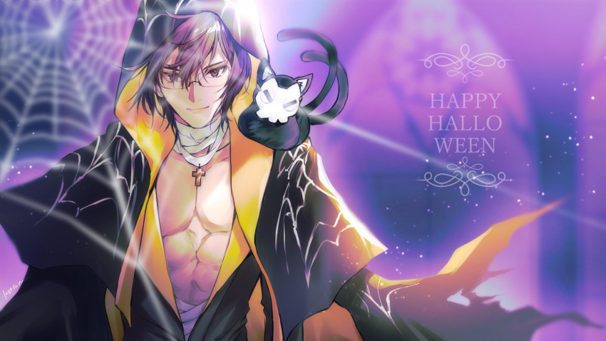 1boy animal_on_shoulder black_capelet black_coat blurry blurry_background capelet cat cat_on_shoulder closed_mouth coat commentary_request cross cross_necklace glasses hair_between_eyes halloween happy_halloween highres hood hood_up hooded_capelet jewelry kisaragi_ren_(mahjong_soul) kotsuru_kari light_particles long_bangs long_sleeves looking_at_viewer mahjong_soul male_focus multiple_tails muscular muscular_male necklace pectorals purple_background purple_eyes purple_hair rimless_eyewear short_hair silk smile solo spider_web tail two_tails upper_body window