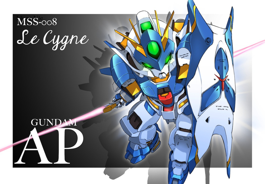 beam_saber character_name chibi double-blade ecole_du_ciel energy_sword green_eyes gundam izuna_nie le_cygne mecha no_humans sd_gundam shadow shield sword weapon