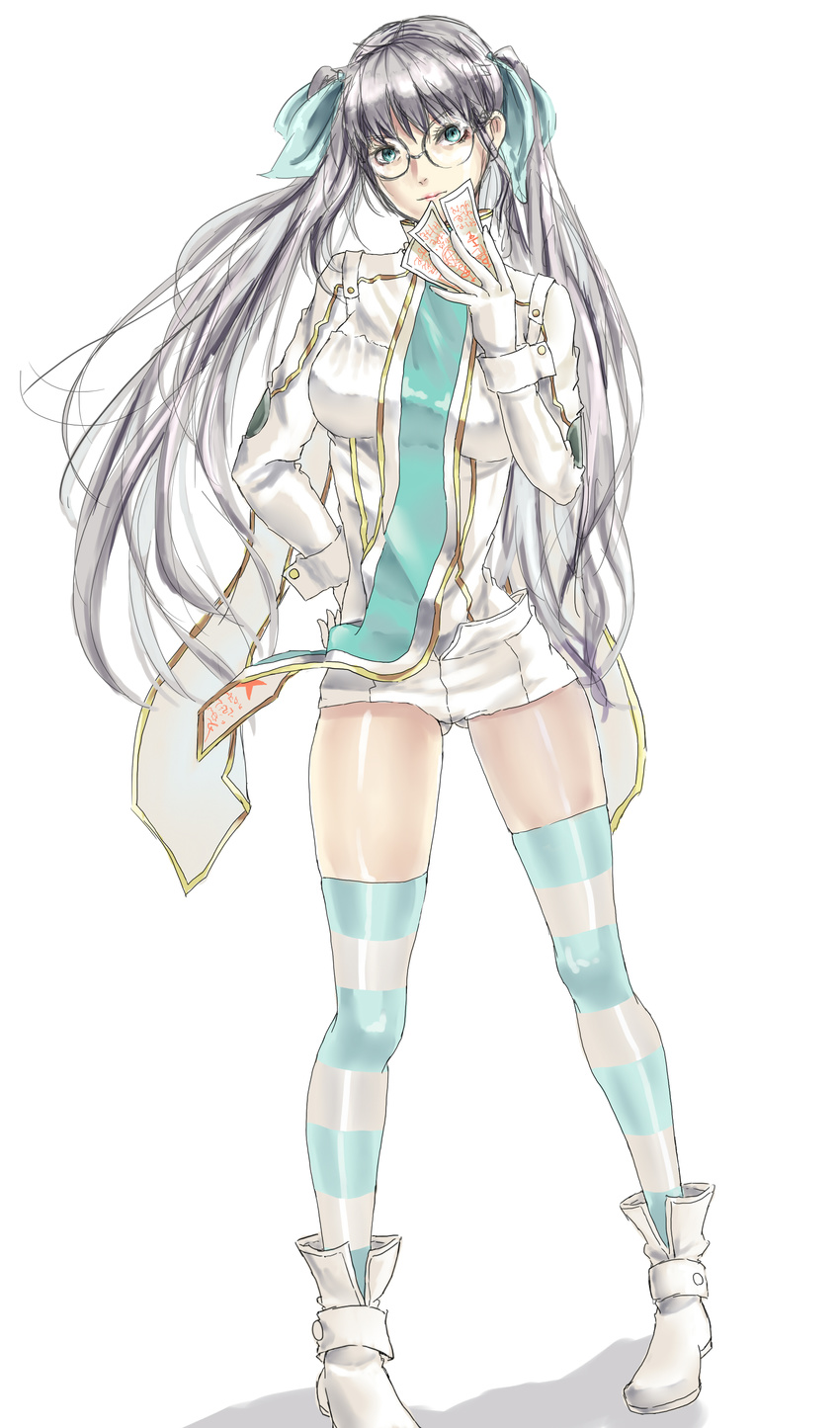 1girl blue_eyes breasts drifters glasses grey_hair large_breasts long_hair olmine ponytails smile stockings