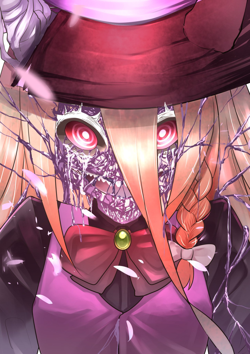 1girl alternate_costume black_sclera blonde_hair bow bowtie braid colored_sclera colored_skin commentary_request corruption crying crying_with_eyes_open falling_petals green_brooch hair_bow hat highres horns kirisame_marisa long_hair long_sleeves looking_at_viewer nodoguro_(phi-tan) open_mouth petals pink_petals purple_vest red_bow red_bowtie red_eyes ringed_eyes sharp_teeth single_braid smile solo tears teeth touhou vest white_bow witch_hat