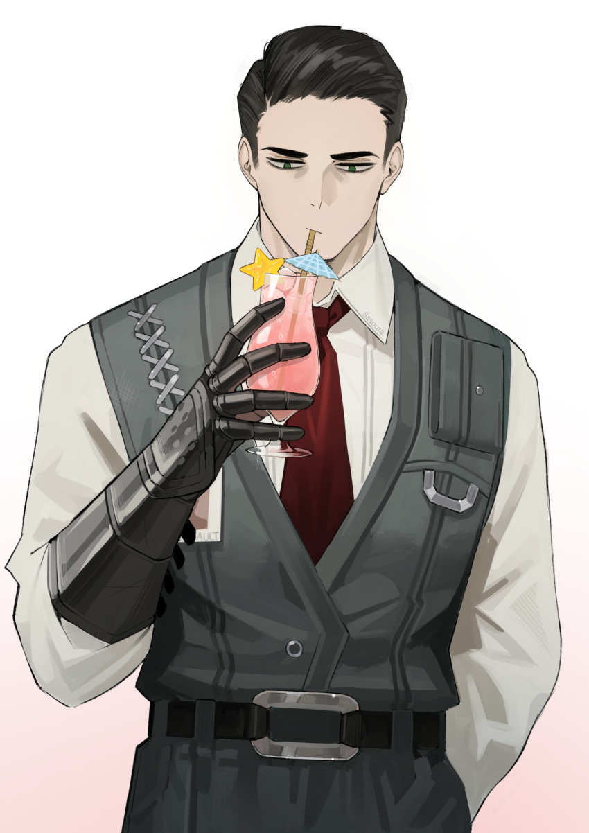 black_hair black_vest cocktail_glass commentary cup drinking drinking_glass english_commentary gauntlets green_eyes hair_slicked_back highres ice ice_cube id_card limbus_company meursault_(project_moon) necktie project_moon red_necktie sasoura vest