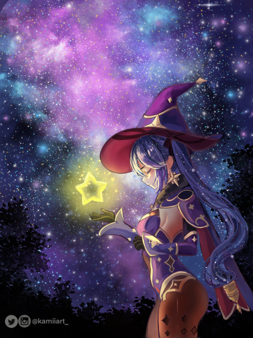 1girl artist_name blue_hair blush breasts closed_mouth detached_sleeves galaxy genshin_impact hat highres instagram_logo instagram_username kamiiart leotard long_hair medium_breasts mona_(genshin_impact) pantyhose star_(sky) star_(symbol) twintails twitter_logo twitter_username very_long_hair witch_hat