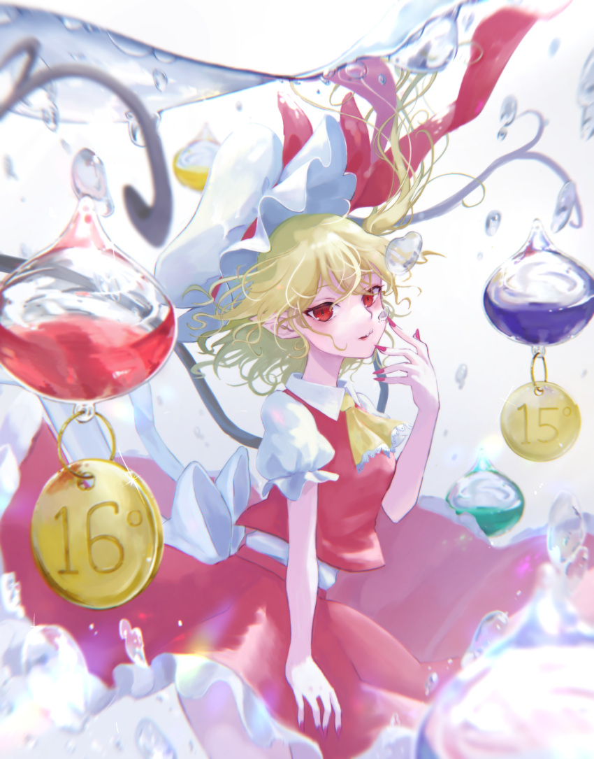 1girl ascot blonde_hair cowboy_shot crystal_wings dress flandre_scarlet from_side hand_up hat hat_ribbon highres nail_polish plumshk puffy_short_sleeves puffy_sleeves red_dress red_eyes red_nails red_ribbon ribbon short_sleeves simple_background solo touhou water_drop white_background white_mob_cap yellow_ascot