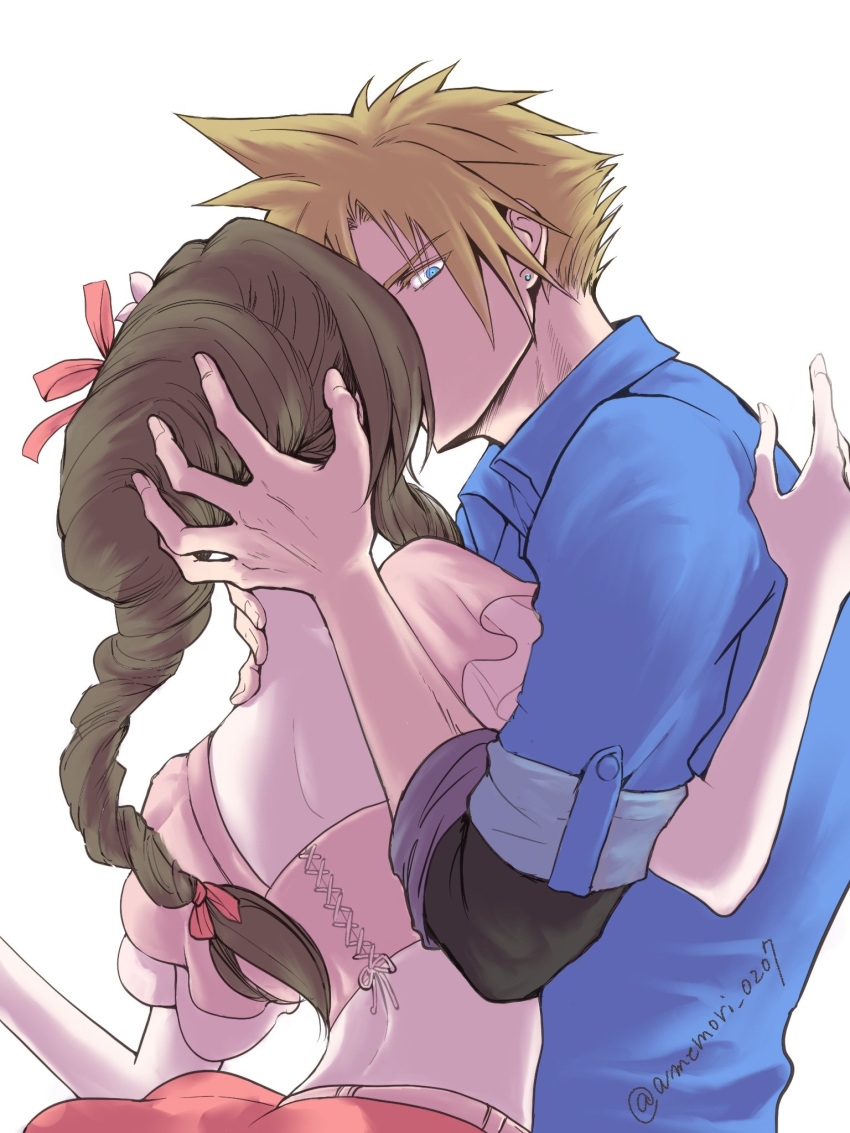 1boy 1girl aerith_gainsborough aerith_gainsborough_(floral_delight) amemori_0207 black_shirt blue_eyes blue_shirt cloud_strife cloud_strife_(ocean_chocobo) earrings final_fantasy final_fantasy_vii final_fantasy_vii_rebirth final_fantasy_vii_remake flower forceful_kiss frilled_sleeves frills hair_flower hair_ornament hair_ribbon hand_in_another's_hair hand_on_another's_neck hetero highres jewelry midriff official_alternate_costume pink_flower pink_ribbon pink_shirt pink_skirt ribbon shirt shirt_under_shirt single_earring skirt sleeves_rolled_up twitter_username upper_body white_background