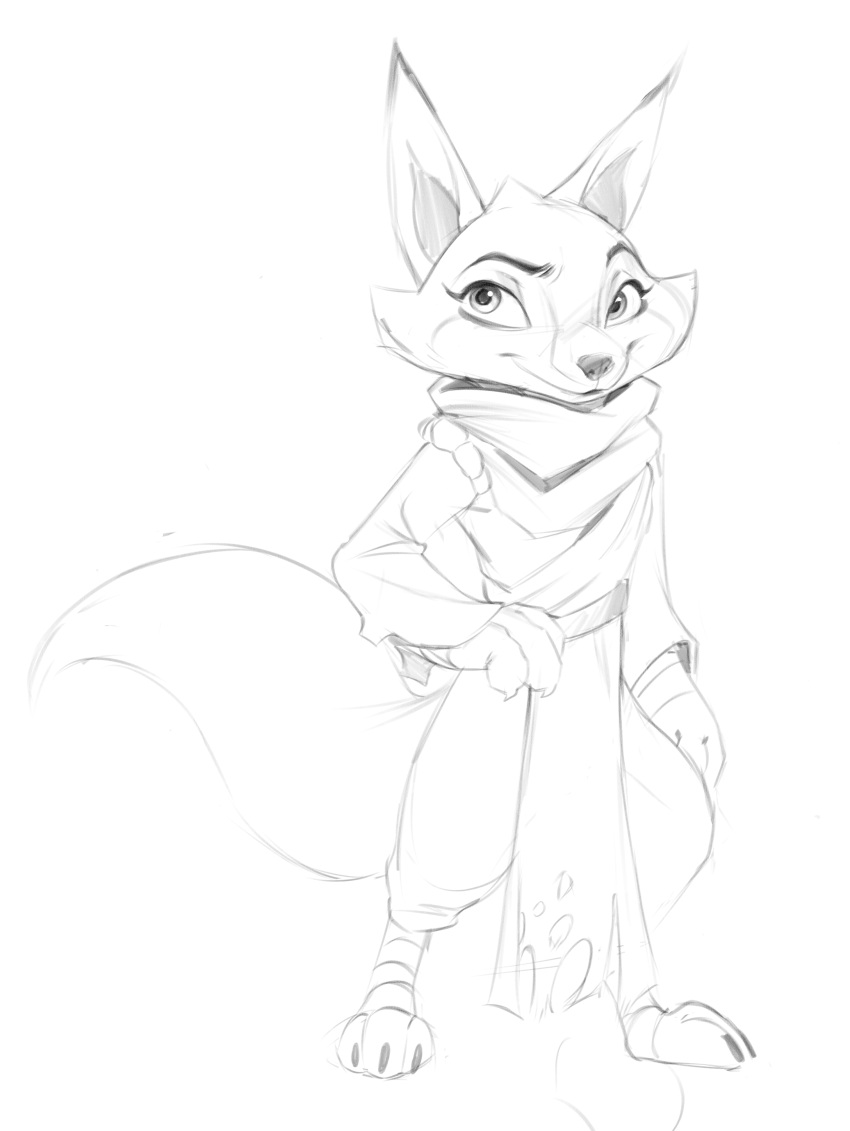 2024 absurd_res anthro canid canine claws clothing dreamworks ear_tuft eyebrows female fox hi_res kung_fu_panda mammal raised_eyebrow scarf simple_background sketch smile solo toe_claws trashtikko tuft zhen_(kung_fu_panda)