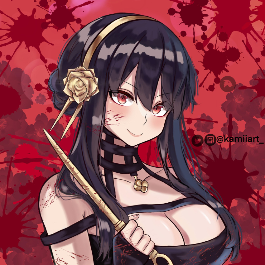 1girl artist_name black_choker black_dress black_hair blood blood_on_arm blood_on_breasts blood_on_clothes blood_on_dress blood_on_face blood_on_hands blood_on_shoulder blood_on_weapon blush braid breasts choker closed_mouth dress eyebrows_hidden_by_hair flower_hairband gold_hairband hairband highres instagram_logo instagram_username kamiiart looking_at_viewer red_eyes smile spy_x_family weapon yor_briar