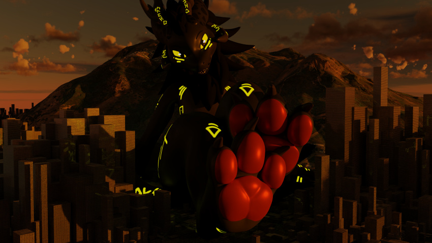 16:9 3_toes 3d_(artwork) animal_humanoid blender_(artwork) city claws digital_media_(artwork) dragon dragon_humanoid feet hi_res horn humanoid looking_at_viewer macro male mosterdhx mythological_creature mythological_scalie mythology nude open_mouth pawpads paws runes scalie smile solo toes widescreen