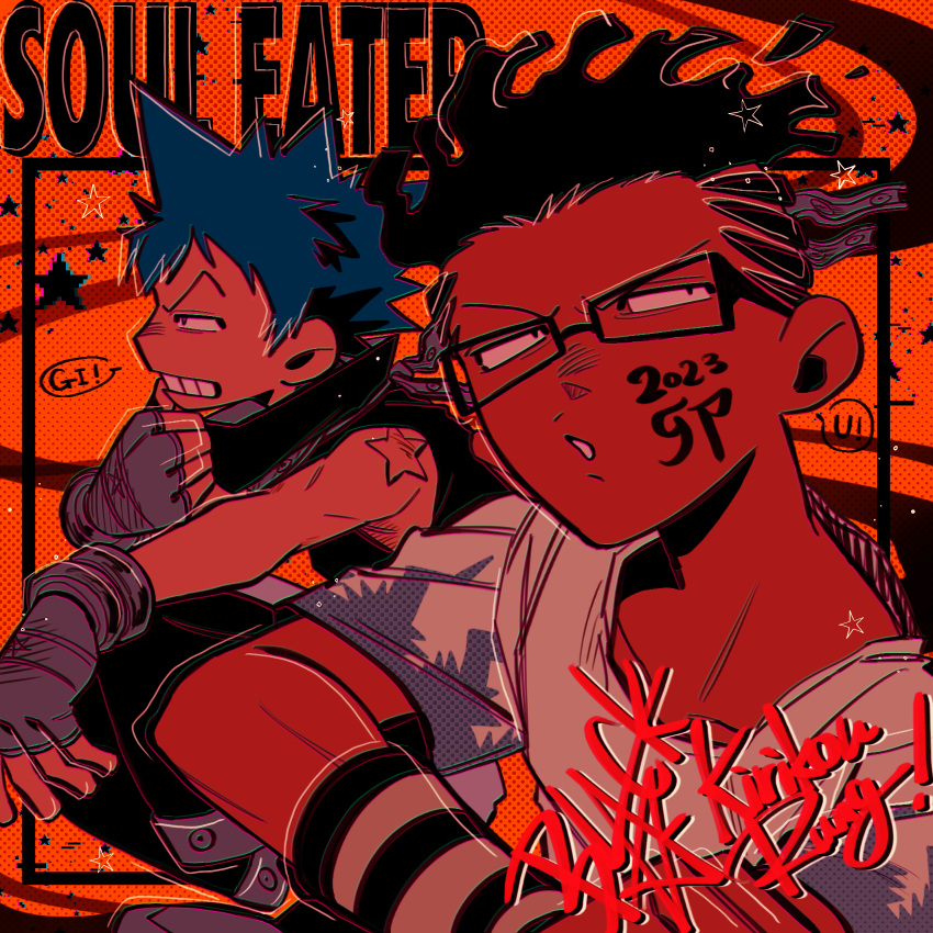 2boys black_hair black_star blue_hair character_name copyright_name dated english_text fingerless_gloves glasses gloves hand_on_own_chin highres kilik_lunge larugo0513 looking_to_the_side multiple_boys scarf shirt shoulder_tattoo soul_eater spiked_hair star_tattoo tattoo wavy_hair white_shirt