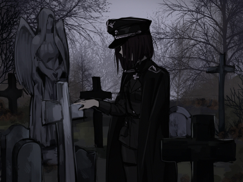 1girl angel angel_statue bare_tree black_cape black_hair cape cowboy_shot cross fog graveyard highres iron_cross latin_cross medium_hair muted_color original overcast pale_skin pants reichsadler saki_(c_ybrbnby) sky ss_uniform statue tombstone totenkopf tree uniform visor_cap waffen-ss