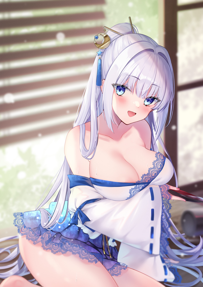 1girl blue_ribbon blue_tassel blurry blurry_background blush breasts cleavage collarbone commission crescent crescent_hair_ornament cup eyelashes grey_hair hair_ornament hair_stick highres japanese_clothes kimono lace_trim large_breasts long_hair off_shoulder open_mouth original pixiv_commission ribbon sakazuki sakurai_momoka_no_musuko solo star_(symbol) star_hair_ornament sweat tassel tassel_hair_ornament thighs white_kimono