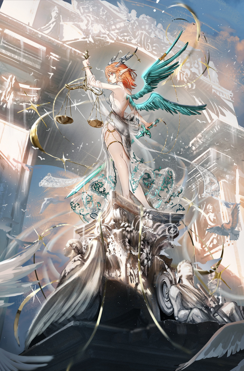 1girl absurdres arch armpits backless_dress backless_outfit balance_scale bird blue_wings day detached_sleeves dress feathered_wings from_below from_side gawako hair_between_eyes highres holding holding_scale holding_sword holding_weapon horns looking_ahead orange_eyes orange_hair original outdoors platform profile sleeveless sleeveless_dress solo standing statue sword thighlet weapon weighing_scale white_bird white_dress wide_shot wide_sleeves wings