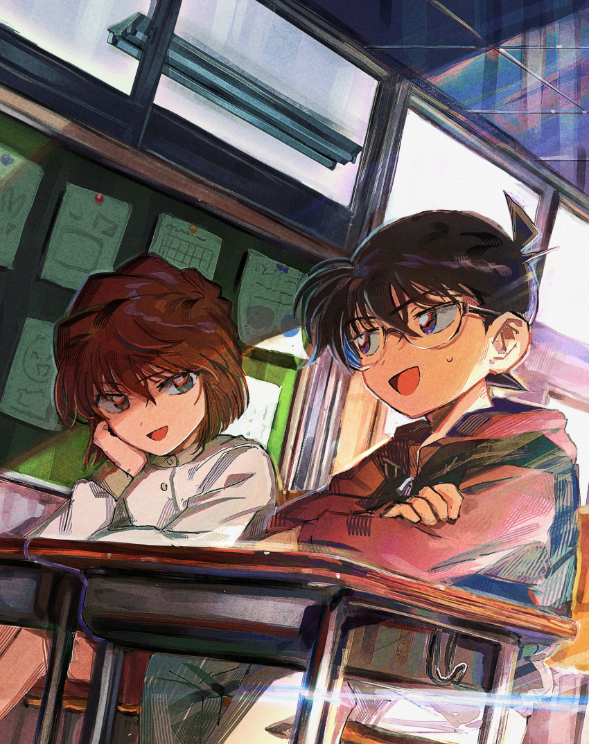 1boy 1girl absurdres black_hair blue_eyes brown_hair child classroom desk edogawa_conan glasses green_eyes grey_pants haibara_ai hair_between_eyes head_rest highres hood hood_down hoodie indoors jacket long_sleeves looking_at_another meitantei_conan pants red_hoodie school_desk segami short_hair sitting sunlight sweatdrop white_jacket