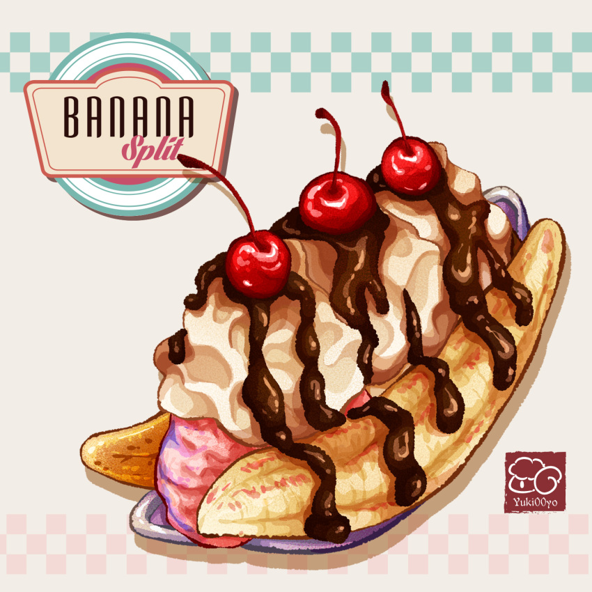 banana banana_split cherry chocolate_syrup food food_focus fruit highres ice_cream no_humans original still_life whipped_cream yuki00yo