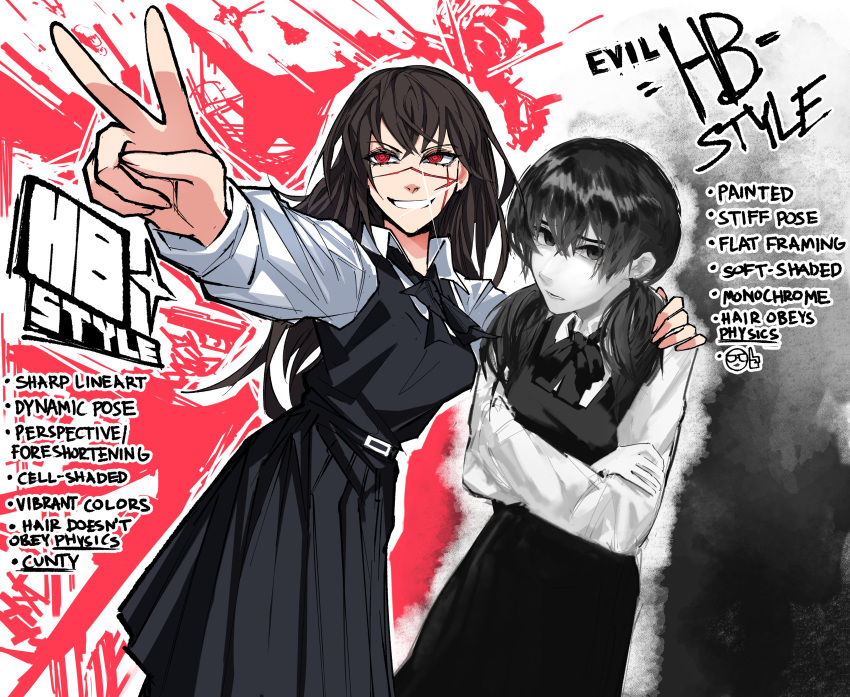 2girls absurdres black_hair chainsaw_man commentary cross_scar crossed_arms dress english_commentary english_text fourth_east_high_school_uniform glint grin heartbreak_juan highres low_twintails mitaka_asa multiple_girls partially_colored pinafore_dress pleated_dress red_eyes scar scar_on_cheek scar_on_face scar_on_nose school_uniform sleeveless sleeveless_dress smile twintails v yoru_(chainsaw_man)