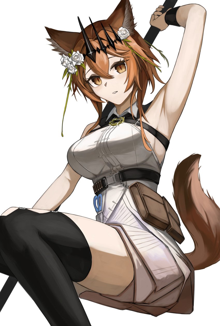 1girl absurdres animal_ears arknights arm_strap arm_up armpits barach belt black_belt black_thighhighs breasts brown_eyes brown_hair cat_ears commentary dress feet_out_of_frame flower grin hair_flower hair_ornament highres large_breasts long_hair looking_at_viewer parted_lips pouch rose short_dress simple_background sleeveless sleeveless_dress smile solo thighhighs thighs vendela_(arknights) white_background white_dress white_flower white_rose wristband