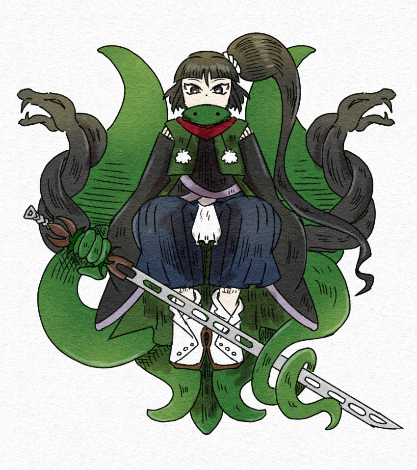 1other adagumo_no_yaorochi androgynous black_eyes black_hair black_kimono black_sleeves blue_hakama blunt_bangs brown_footwear buttons chikafumikou commentary_request detached_sleeves dot_nose double-parted_bangs full_body green_jacket green_scarf hair_ornament hair_scrunchie hakama hakama_pants high_side_ponytail highres holding holding_sword holding_weapon jacket japanese_clothes jinbaori jinbei_(clothes) kimono len'en long_hair long_sleeves multiple_tails other_focus pants pom_pom_(clothes) prehensile_tail red_scarf sandals scarf scrunchie short_kimono simple_background sitting sleeves_past_fingers sleeves_past_wrists snake snake_tail socks solo straight-on sword sword_of_kusanagi tail tasouken very_long_hair wavy_hair weapon white_background white_scrunchie white_socks wide_sleeves zouri