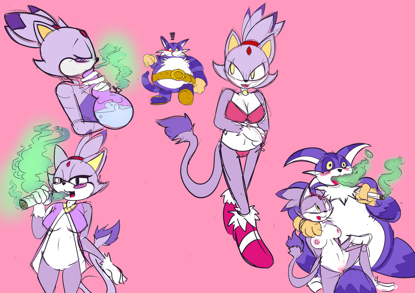 anthro askdirty big_the_cat bikini blaze_the_cat bong breasts clothing dirtyscoundrel drugs marijuana pussy simple_background sketch sonic_(series) swimsuit
